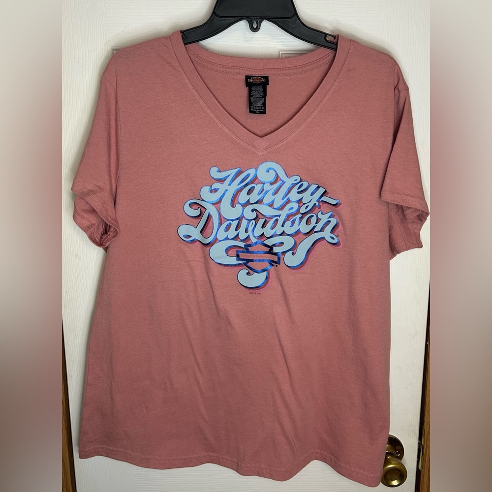 Harley Davidson XL Pink Coral Graphic Logo V Neck Biker Tee